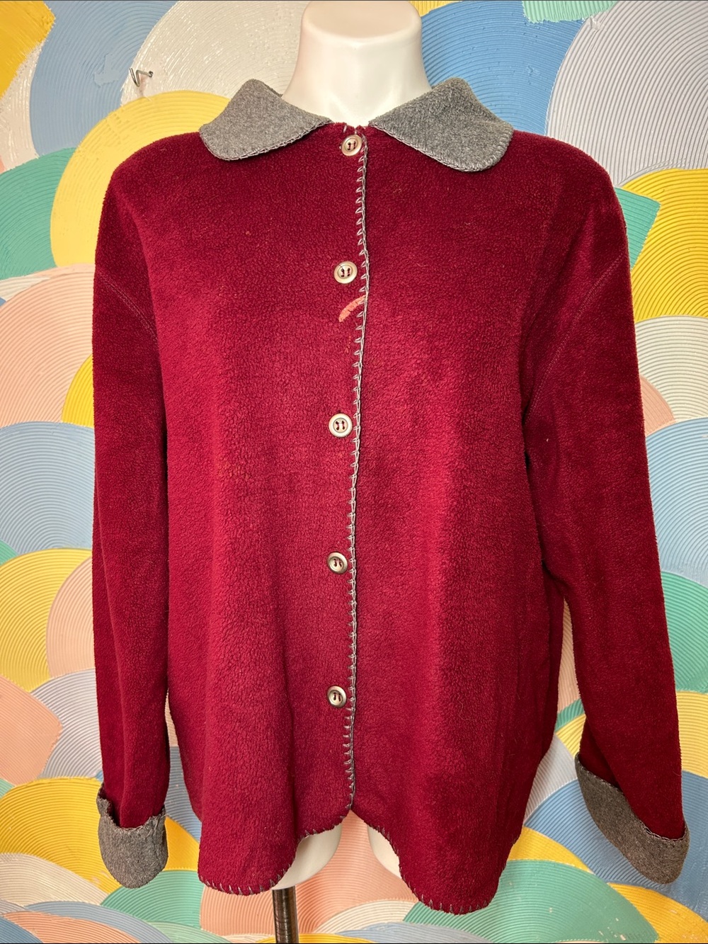 Vintage Chinawear Women's Burgundy Button-Front Sweater with Gray Trim sz 1x